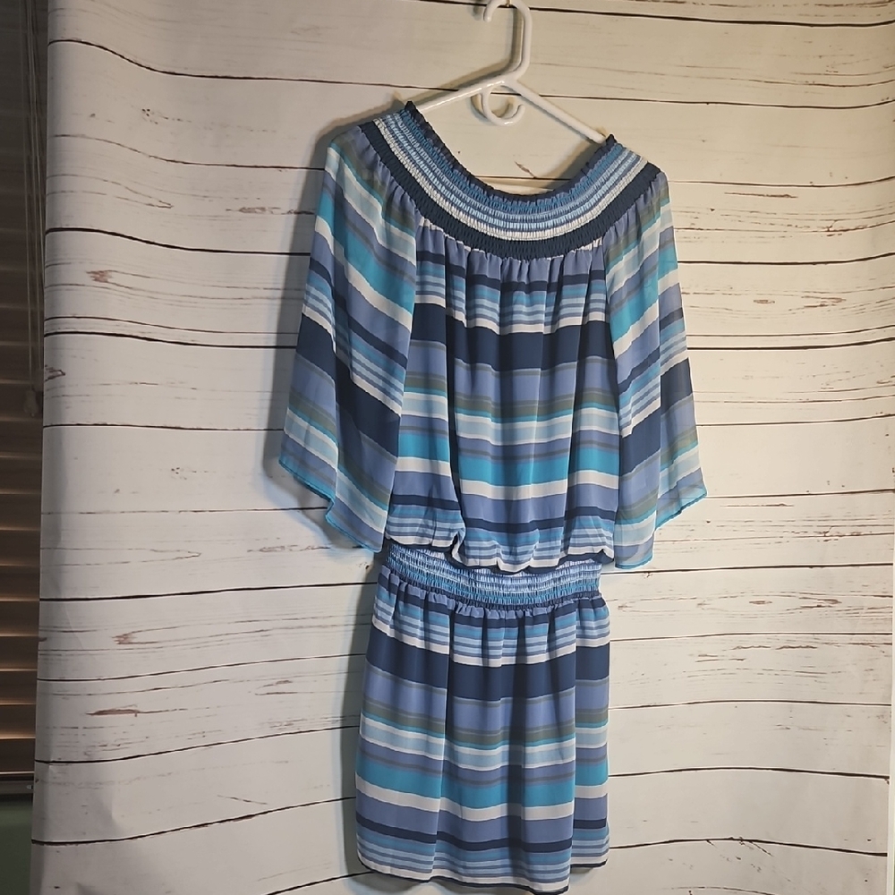 Striped Mini Dress Blue White‎ Off Shoulder Smocked Waist Summer Casual NWT